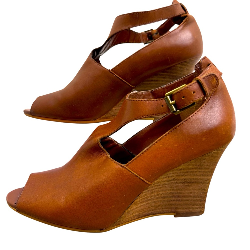 Ralph Lauren Hannie Brown T Strap‎ Peep Toe Wedge Sandals Leather Sz 8.5